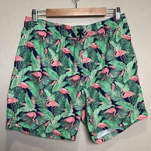 Rugged Butts Swim Shorts Mens M Green Flamingo Tropical UPF 50+ NWT